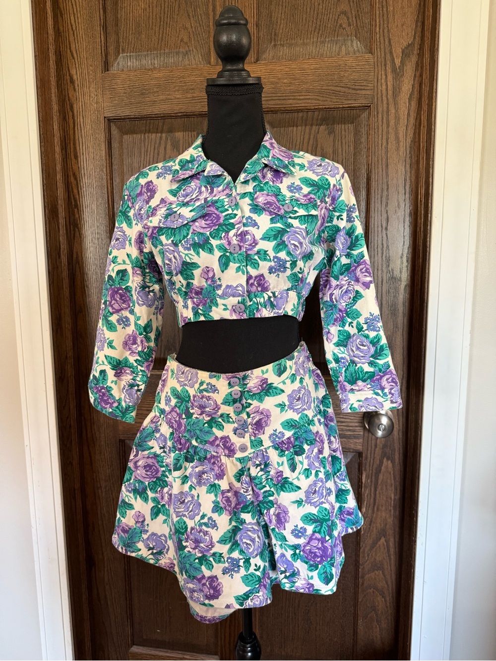 Vintage 80s 90s Floral Matching Set USA made Cotton Cropped Jacket Skort